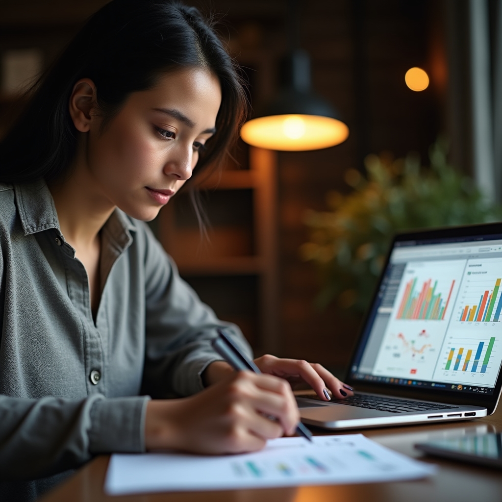 Analytik pracující s daty z kavárny na notebooku, grafy na obrazovce